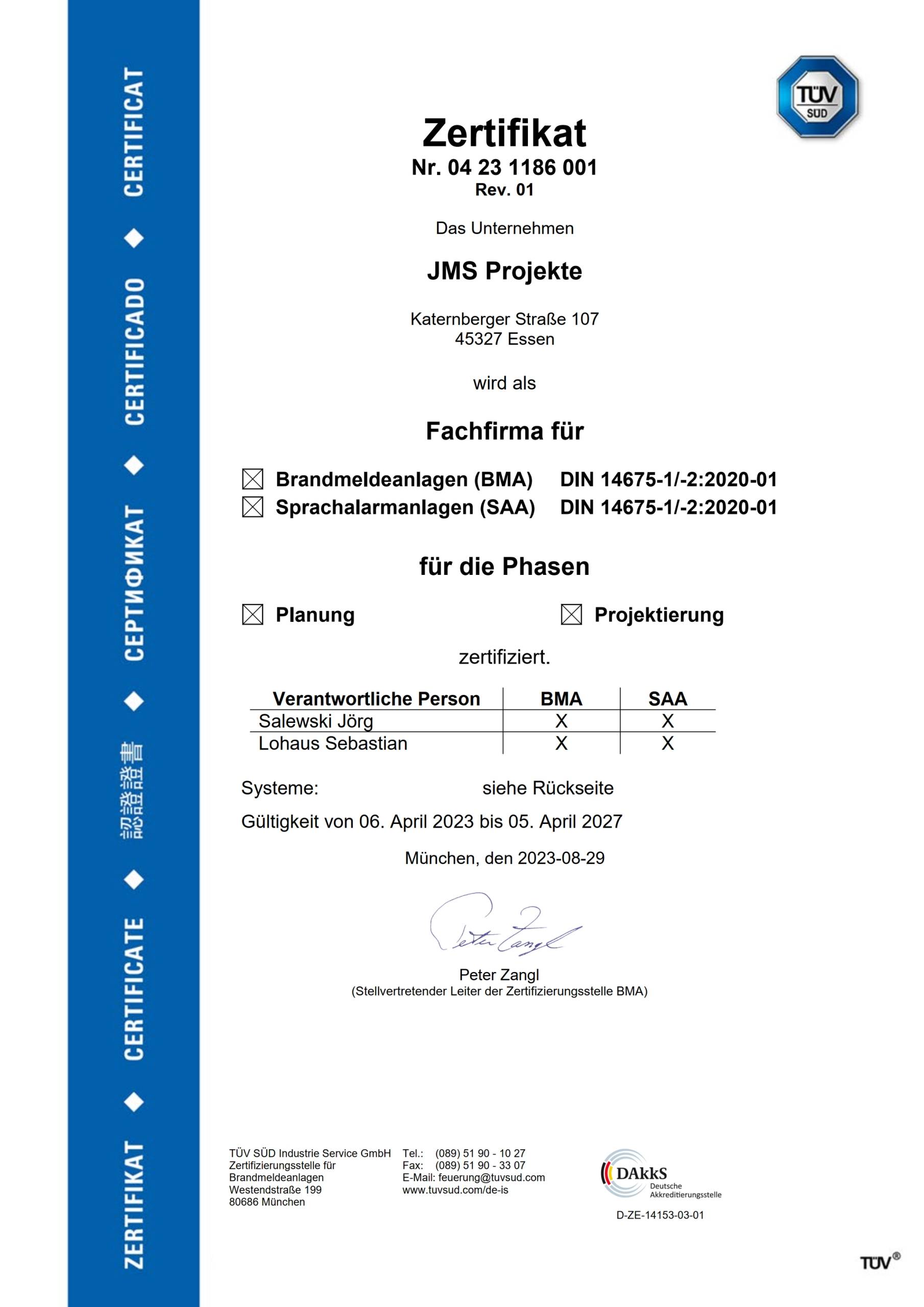 Anerkennung und Qualität: Zertifikate von JMS Projekte