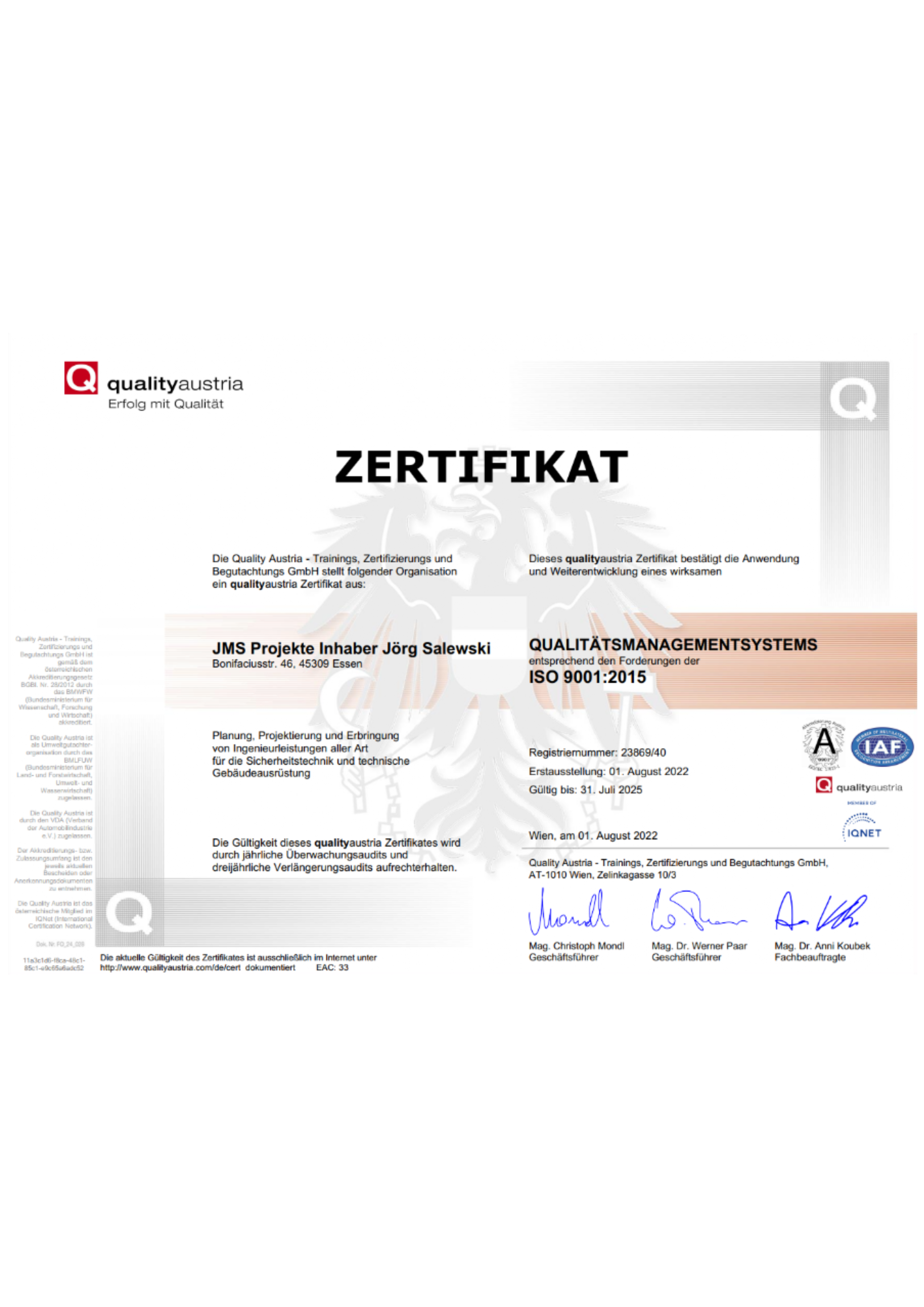 Anerkennung und Qualität: Zertifikate von JMS Projekte